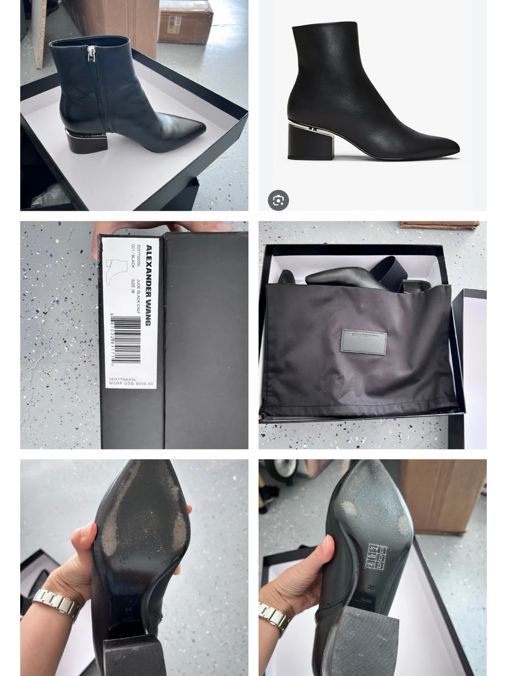 Alexander Wang Black Leather Pointed Ankle Boots with Metallic Heel Trim
